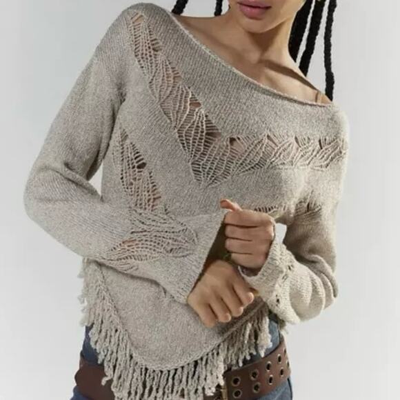 Urban Outfitters Taylor Fringe Off Shoulder Sweater Tan Size Large - Picture 1 of 4